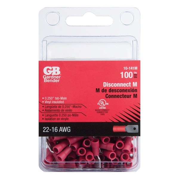 Gardner Bender 22-16 Ga. Insulated Wire Male Disconnect Red 100 pk 10-141M
